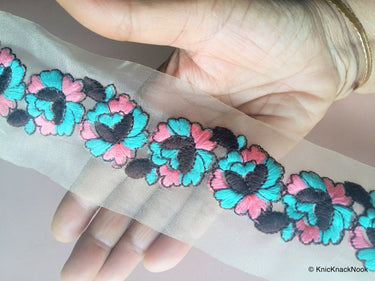 Wholesale Sheer Gold Fabric Trim With Blue And Pink Floral Thread Embroidery 9 Yard Lace, Embroidered Trim,